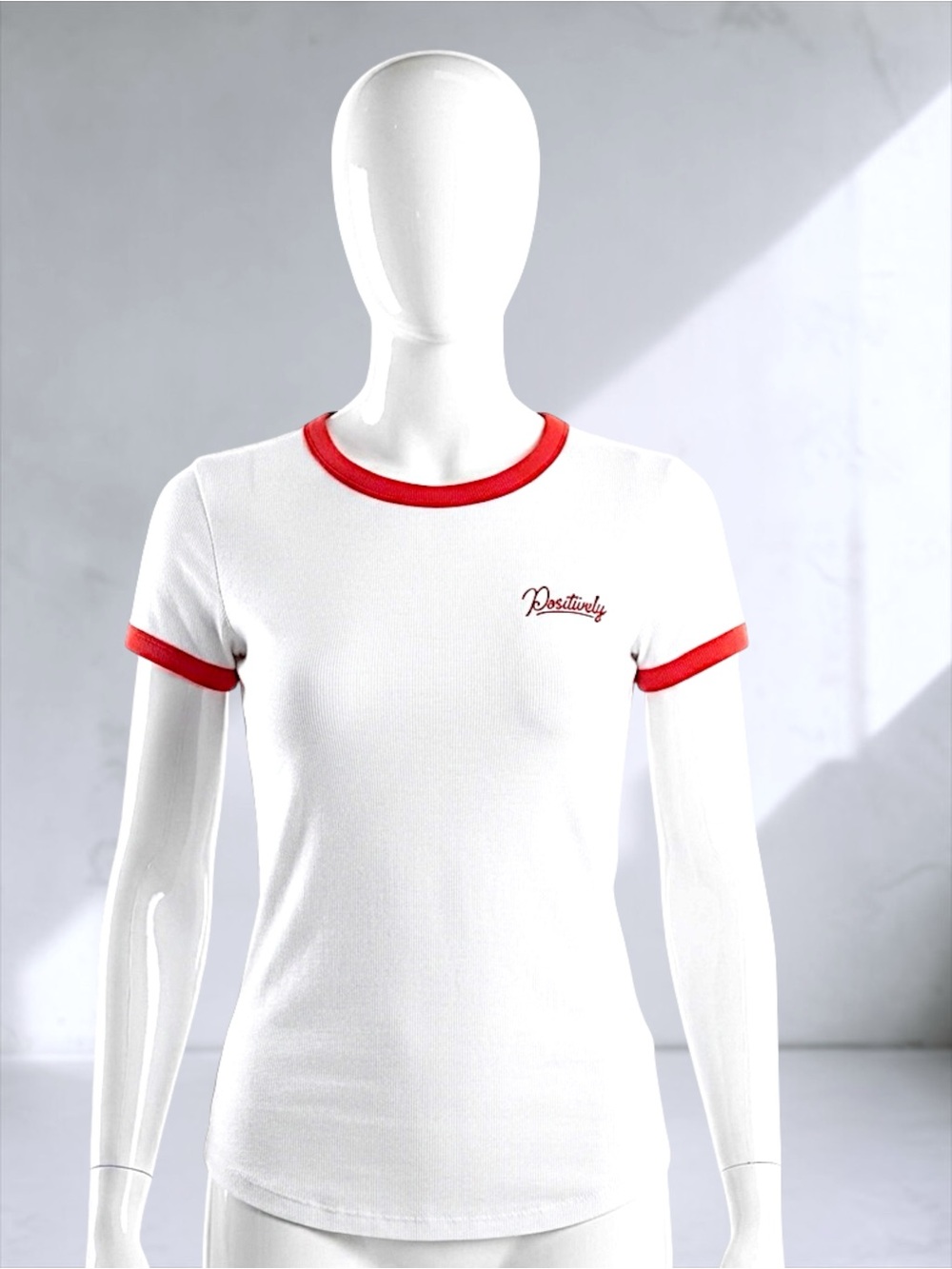White Ringer Tee with Red Trim and "Positively" Script - Picture 11 of 14